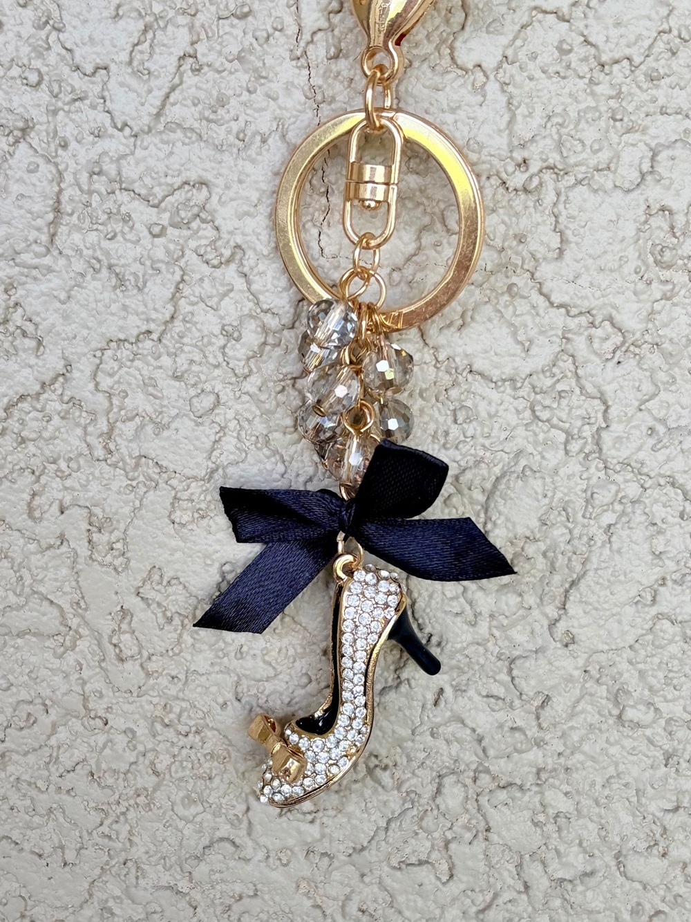 Gold Rhinestone High Heel Keychain with Black Bow & Faceted Crystals